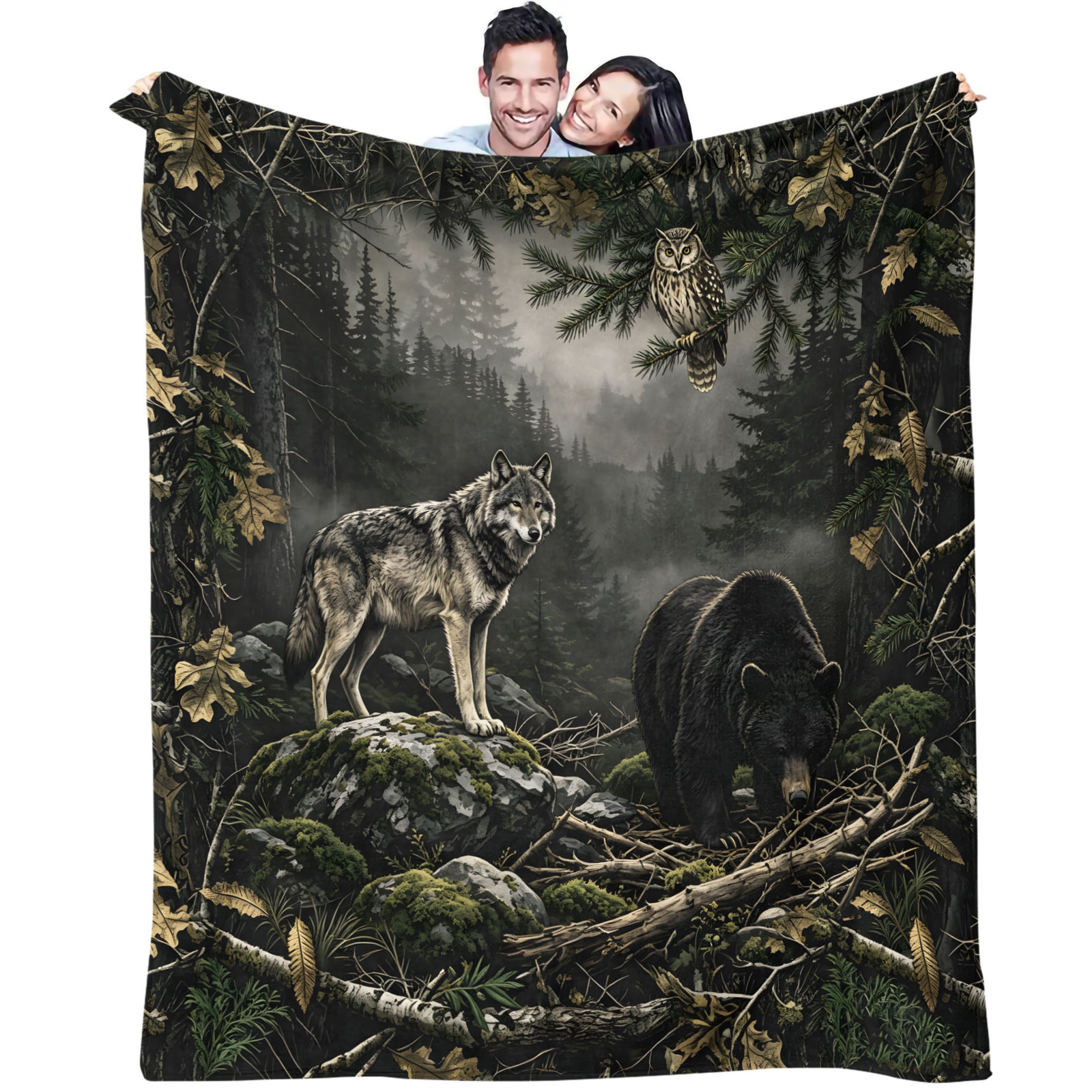 Hunting And Camping In Forest - Forest Wolf Bear Owl Flannel Blanket