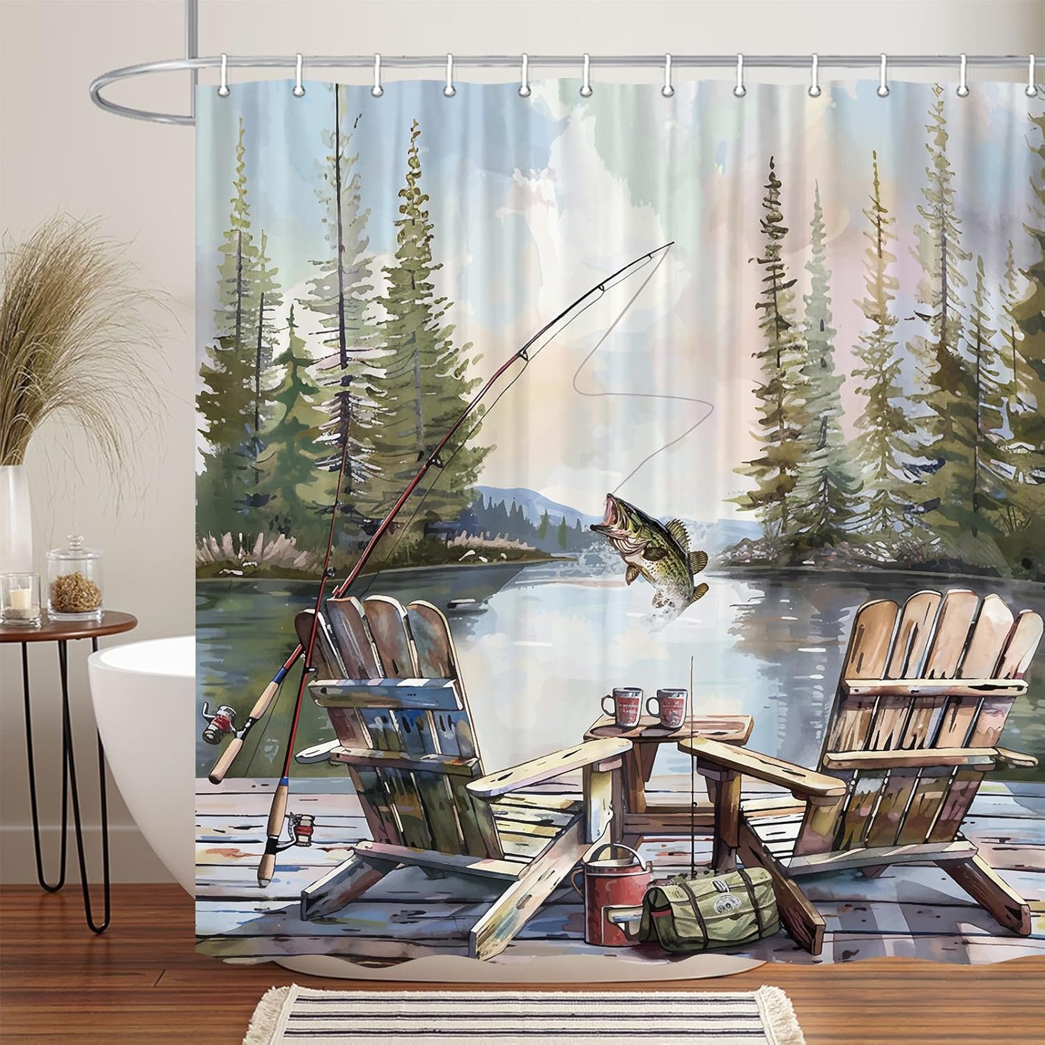 Rustic Fishing Shower Curtain, - Hunting And Camping In Forest recension och pris