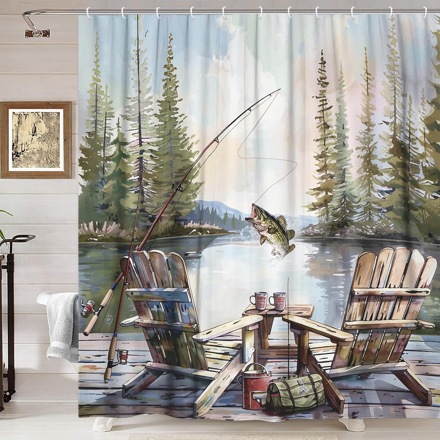 Rustic Fishing Shower Curtain, - Hunting And Camping In Forest recension och pris