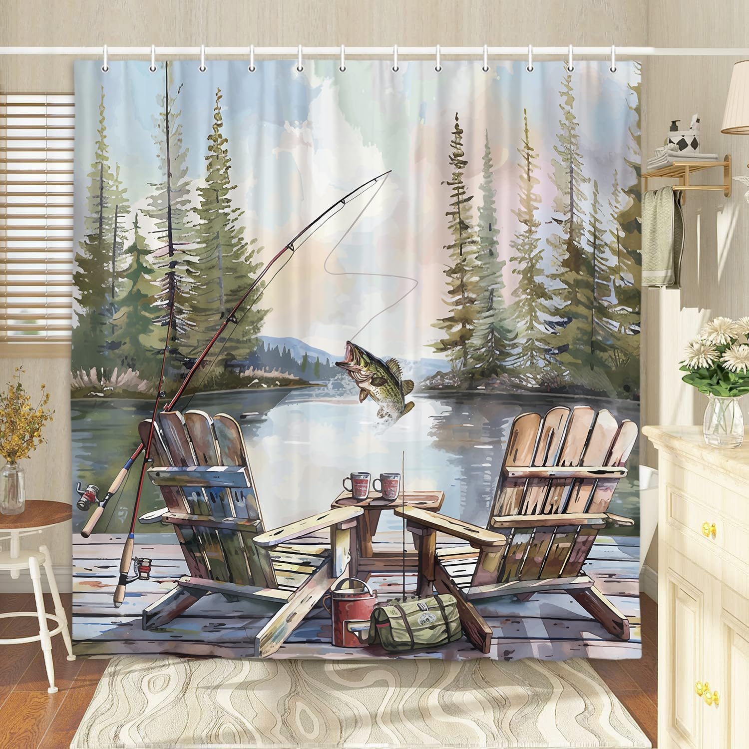 Rustic Fishing Shower Curtain, - Hunting And Camping In Forest recension och pris