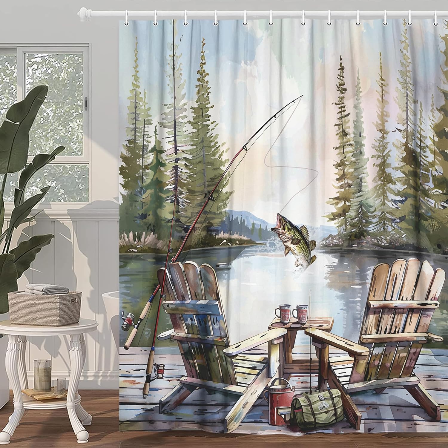 Rustic Fishing Shower Curtain, - Hunting And Camping In Forest recension och pris