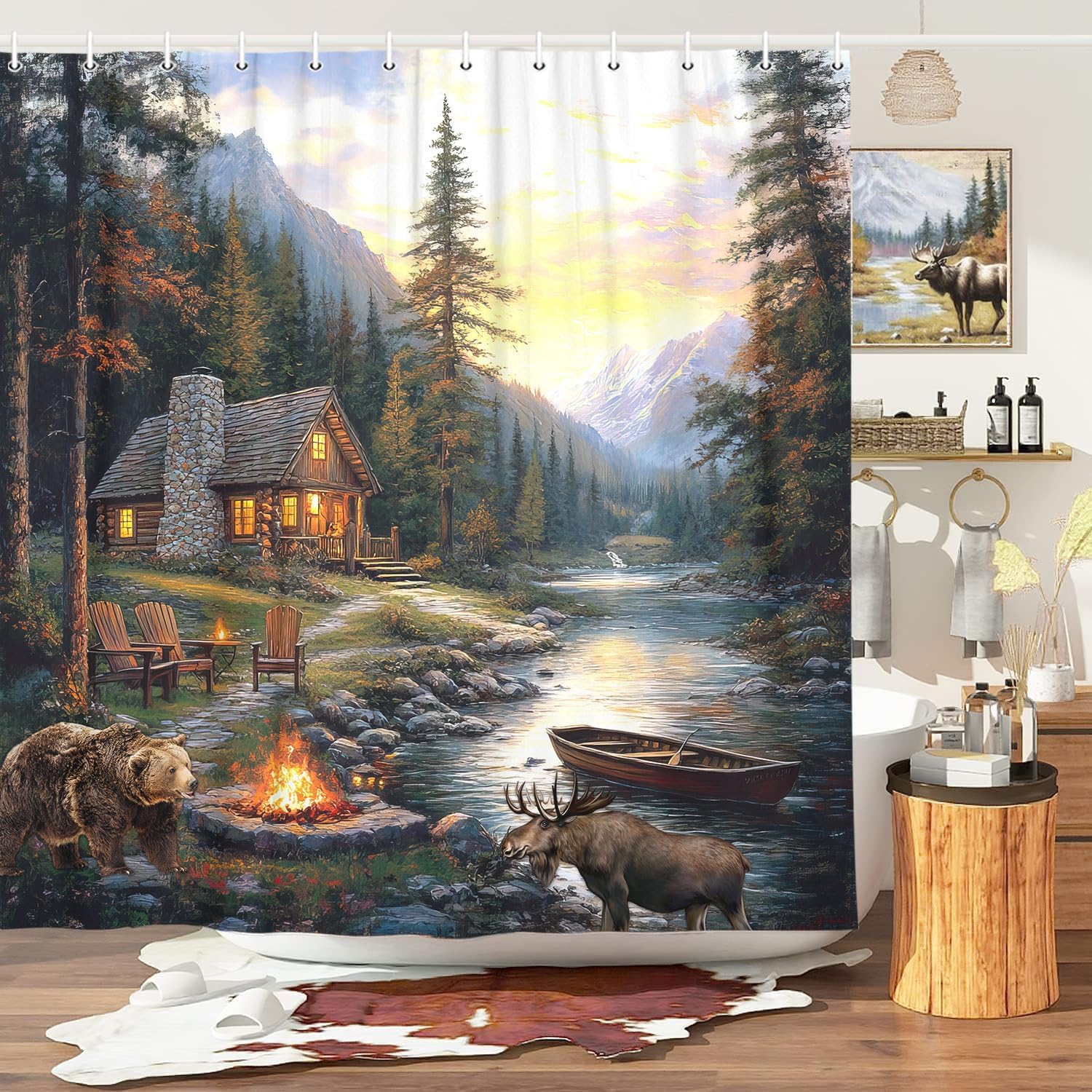 Rustic Cabin Lodge Shower Curt - Hunting And Camping In Forest recension och pris