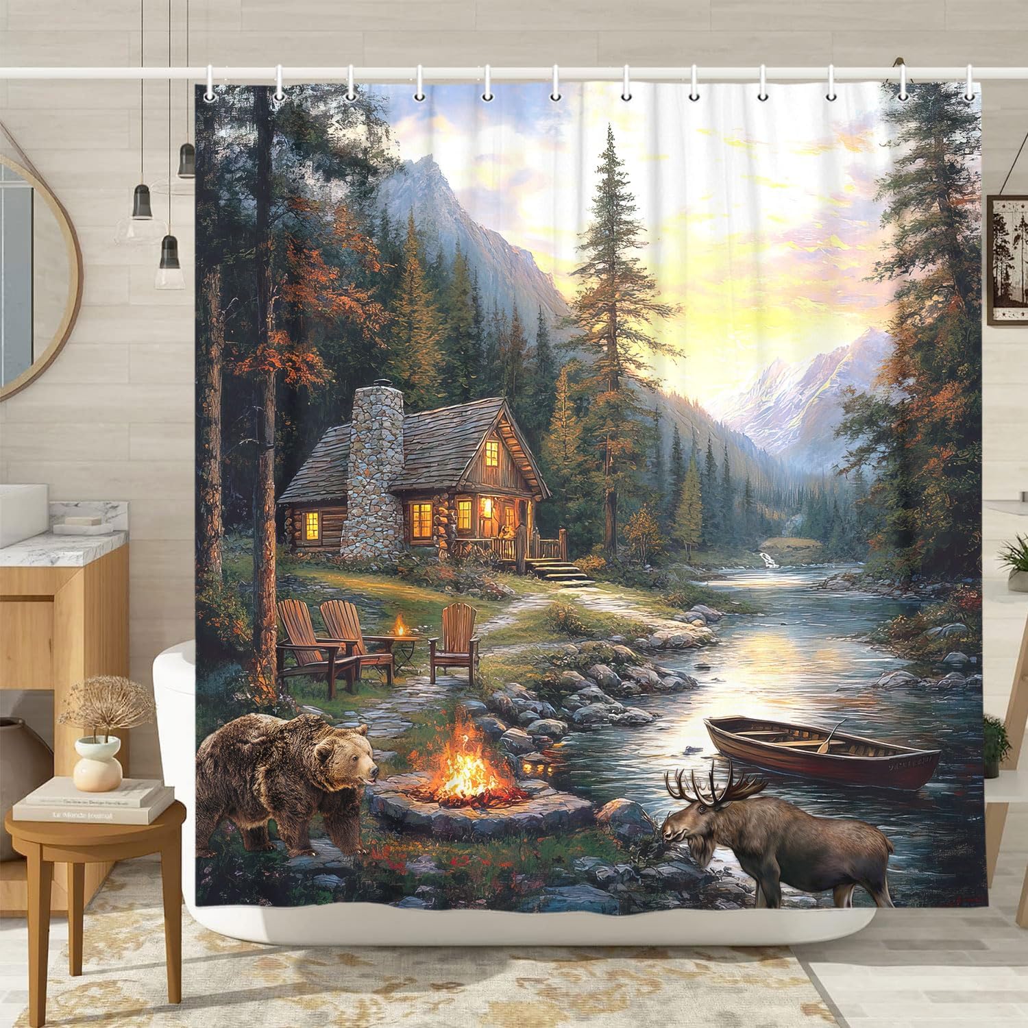 Rustic Cabin Lodge Shower Curt - Hunting And Camping In Forest recension och pris